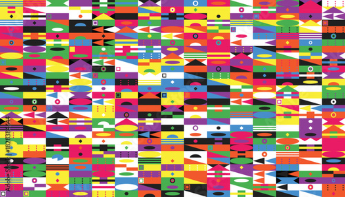 Colorful abstract geometric pattern with a playful and modern design, perfect for backgrounds and textiles