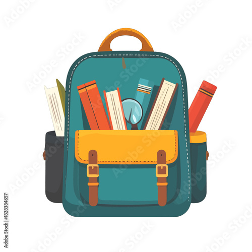 A Teal Backpack Filled With Books And Supplies On A White Background