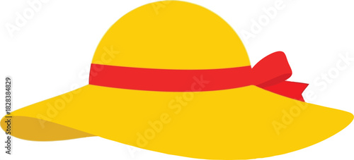 Yellow summer hat with red ribbon bow