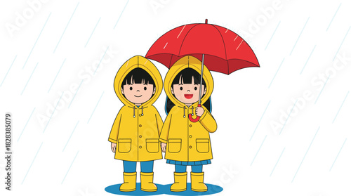 Two kids wearing yellow raincoats under red umbrella in rain, cute flat cartoon illustration for children, monsoon weather, safety