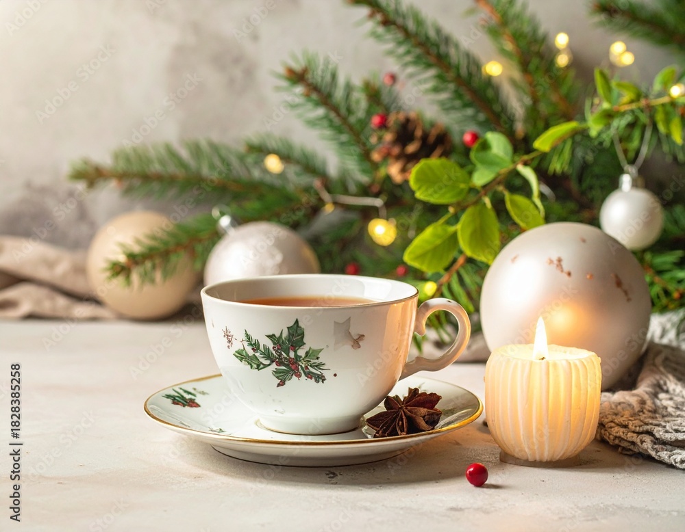 custom made wallpaper toronto digitalCozy Christmas Tea Time Still Life with Festive Decorations and Warm Candlelight for Relaxation.