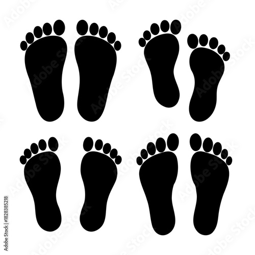 Black footprints set: adult and child bare feet icons