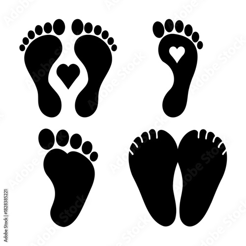 Baby footprints and adult feet silhouettes with love hearts