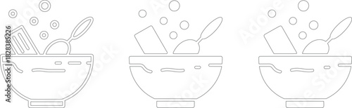 Outlined Bowl Illustration Featuring Spatula, Spoon, and Other Kitchen Utensils Alongside Bubbles Design
