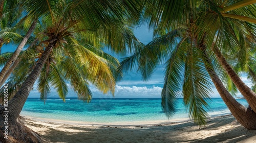 Golden sand meets clear blue water on a tropical beach. Tall palm trees frame the scene swaying gently in the breeze. White clouds drift across the bright sky.