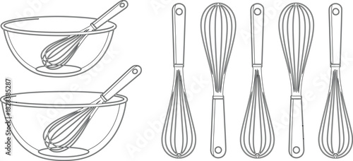Outlined Bowls and Whisks, Kitchen Utensils, Culinary Tools, Baking Preparation Illustration