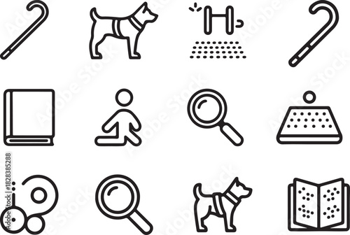 A minimal black linear vector icon set depicting visual impairment support. White cane, guide dog harness, Braille book, tactile floor surface, audio description symbol, and magnifying glass.