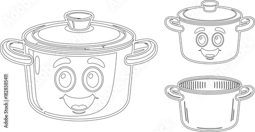 Outlined Cartoon Cooking Pots with Faces and Lids Kitchen Coloring Page