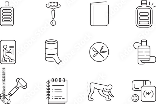 A minimal black linear set for pain management tools. hot or cold pack, massage roller, pain diary book, stiffness stretching chart, compression wrap, and medication timing vector symbol