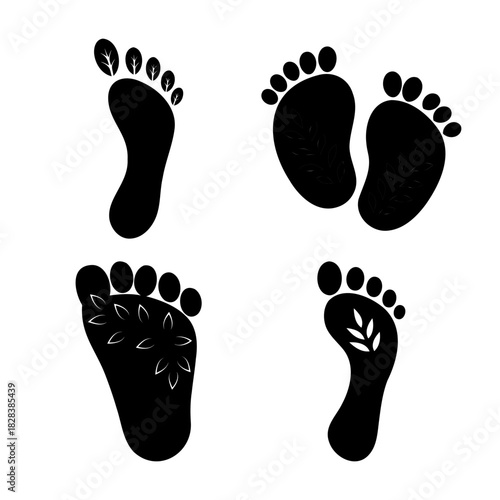 Barefoot steps with ecological leaf and floral designs set