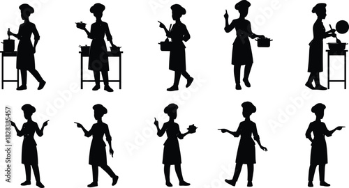 Chef silhouettes in apron and hat, cooking, stirring, serving, washing dishes, pointing, culinary posture and kitchen activity illustration