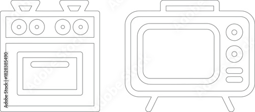 Outlined Cartoon Oven with Burners and a Television Set on Legs, Minimalist Style