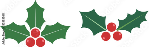 Christmas holly leaves and red berries vector illustration, festive holiday decoration design, winter greenery isolated on white background
