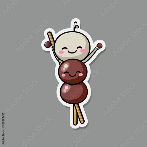 Happy cartoon skewer with one light and two dark round dessert treats
