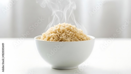 Hot steaming brown rice served in a white bowl, healthy meal on white background.