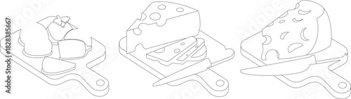 Outlined Cheese Blocks and Butter on Wooden Boards with Knife, Outline Illustration Style