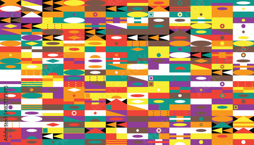A vibrant and dynamic abstract mosaic of colorful geometric shapes creates a visually stimulating background pattern