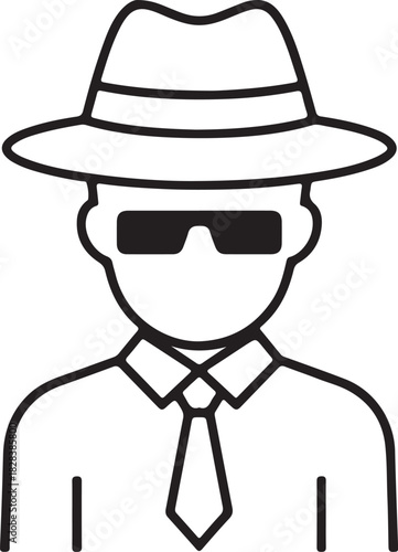 Minimalist Spy Agent Icon – Secret Identity, Privacy Symbol, Anonymous Figure in Fedora Hat and Sunglasses