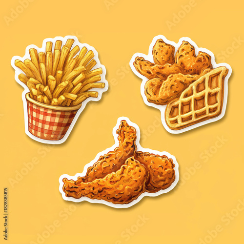 Illustrations of french fries, fried chicken with waffle, and chicken wings