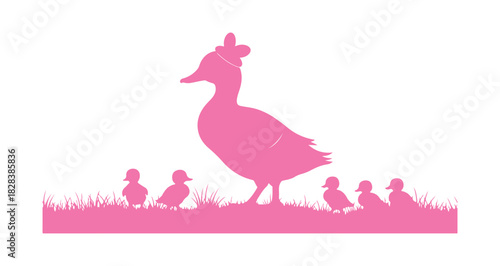 Vector illustration featuring a mother duck and her ducklings in a line art design. Cartoon stock image.