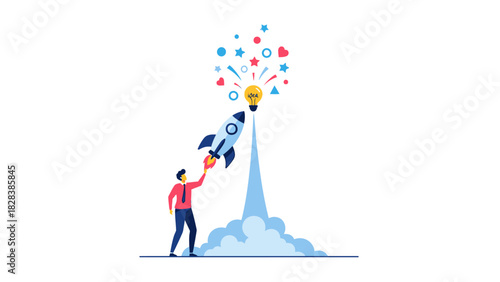 Businessman Launching Startup Rocket for Successful Business Idea