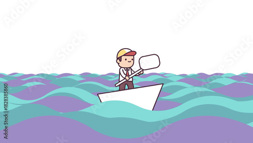 Businessman Navigating Crisis and Business Challenge in Small Boat