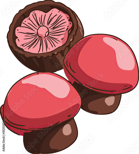 Three stylized mushrooms, one sliced open to reveal pink gills, on white background