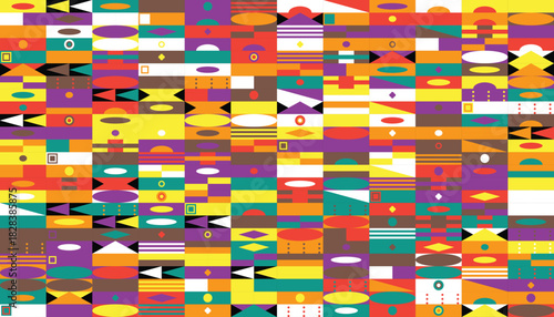 Vibrant abstract pattern featuring a multitude of colorful geometric shapes arranged in a gridlike formation