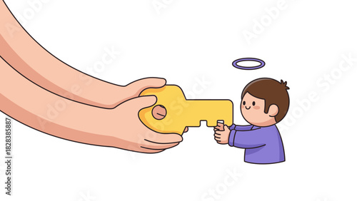 Hand Giving Large Key to Small Boy for Solution