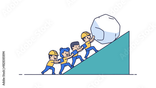 Team Pushing Boulder Up Steep Hill Showing Hard Work and Teamwork
