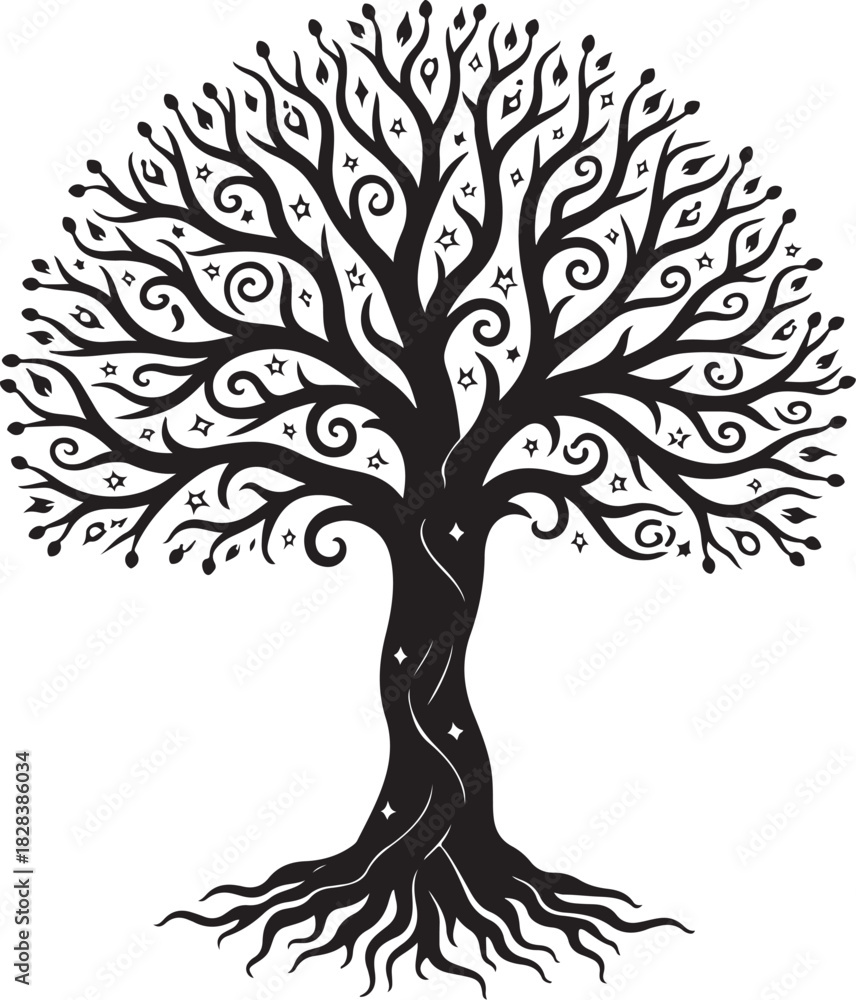 Obraz premium Black stylized tree with ornate branches and roots
