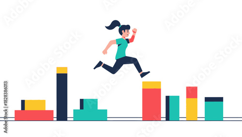 Woman Jumps Over Bar Chart Data Obstacles: Business Performance, Success, and Exponential Growth Visualization Vector