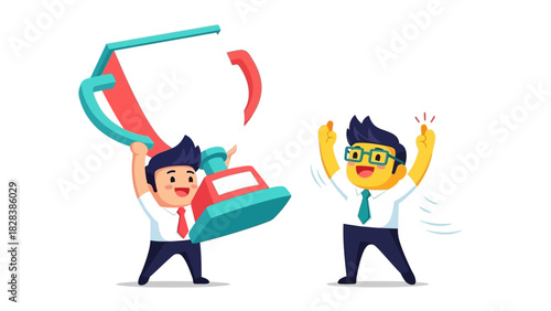 Corporate Success and Achievement: Businessmen Celebrating Victory and Teamwork with a Giant Champion Trophy Illustration.