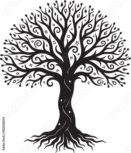 Black stylized tree with ornate branches and roots