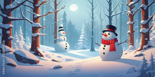 Frosty snowman surrounded by untouched snow and serene pine trees at sunrise