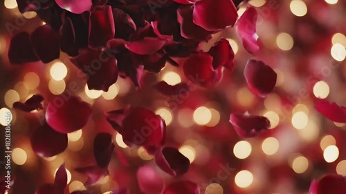 Flying Romantic Dark Red Rose Flower Petals Falling Background For St. Valentine's Day, Mother's Day, wedding anniversary greeting cards, wedding invitation or birthday e-card Loop 4k
