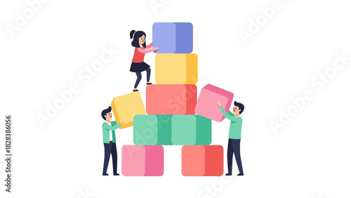 Collaborative Team Building a Pyramid Structure with Colorful Blocks, Business Strategy and Foundation Concept