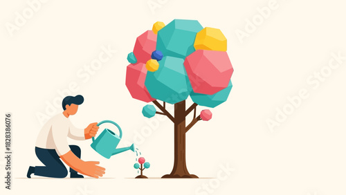 Nurturing Growth and Investment: Man Watering a Small Geometric Tree, Symbolizing Future Development and Potential.