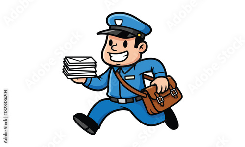 Smiling cartoon mailman running delivers letter with mail bag vector