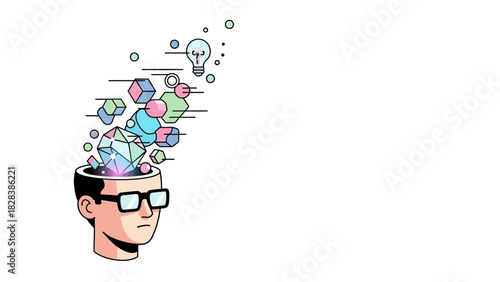 Innovation and Complex Thinking Eruption: Abstract vector illustration of geometric shapes, data visualization, and an idea lightbulb emerging from a man's head.