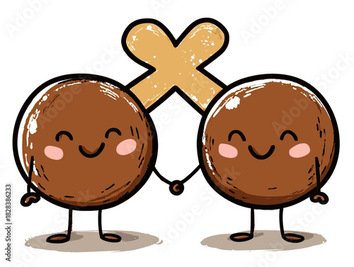 Cute cartoon brown round characters holding hands, smiling, with an X behind them