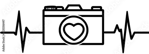 Black outline camera with heart in lens, flanked by electrocardiogram pulse line