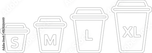 Outlined Coffee Cups with Lids and Size Labels Small, Medium, Large, and Extra Large