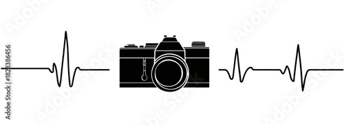 Black camera silhouette centered between two black heartbeat lines on white background