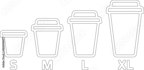 Outlined Disposable Coffee Cups in Four Sizes Small, Medium, Large, and Extra Large