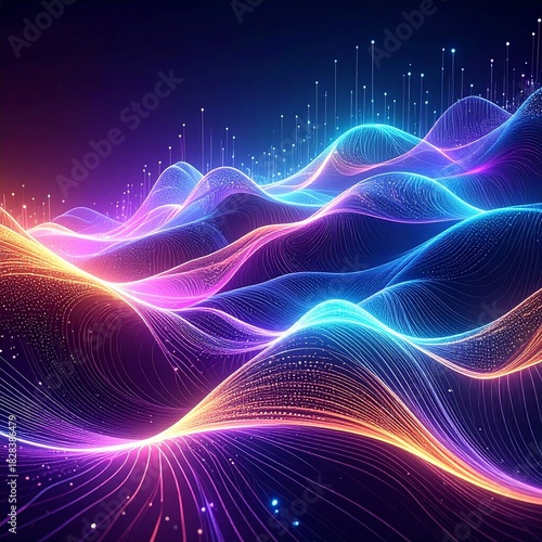 Wallpaper Mural Abstract Glowing Waveforms with Data Stream Visualization for Technology or Science Concepts. Torontodigital.ca