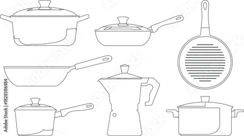 Outlined Cookware Set Illustration Pots, Pans, Grill Pan, Saucepan, and Moka Pot Collection