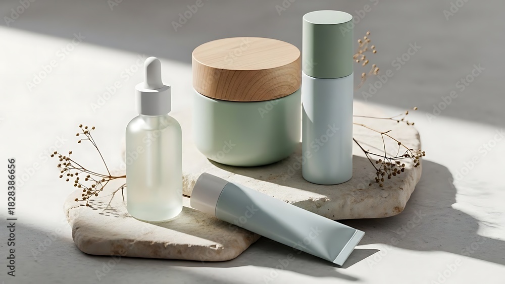 Naklejka premium Natural cosmetic products on stone pedestals with dried plants in sunlight