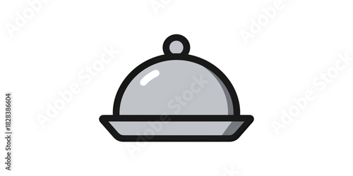 Minimalist graphic illustration of a gray food cloche and serving tray on a white background