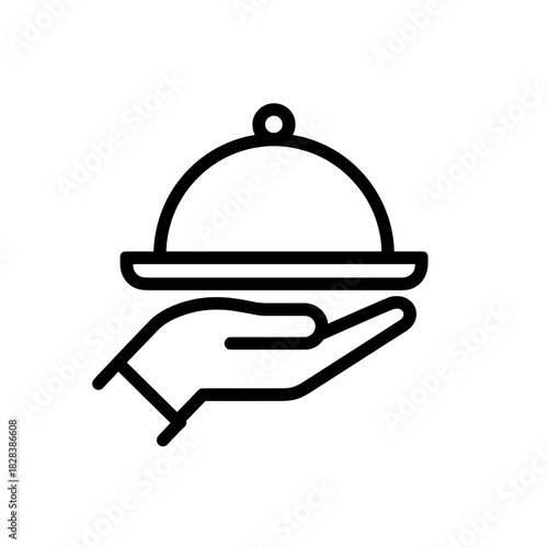 Outline icon of a hand holding a cloche-covered serving dish, on a white background